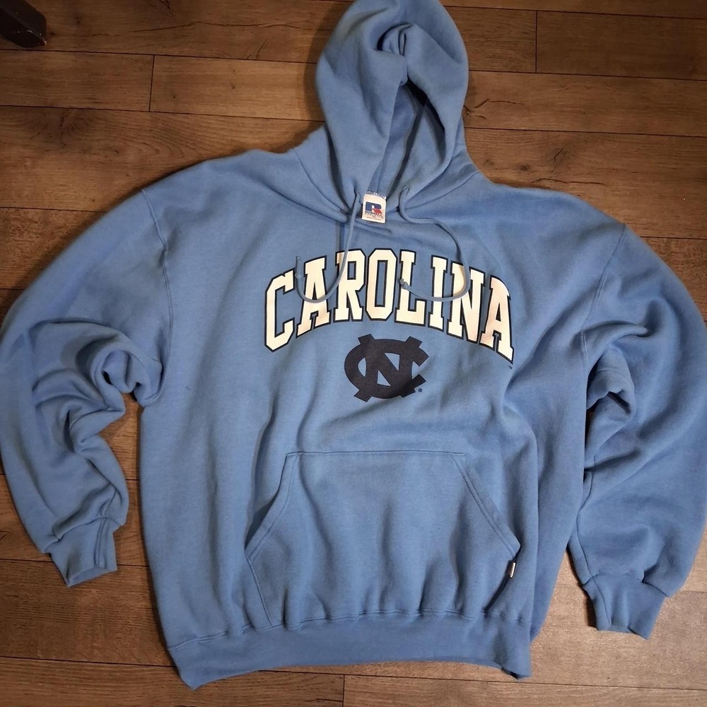 Mens Womens UNC Tarheels Russell Athletic Hoodie with white arched text
